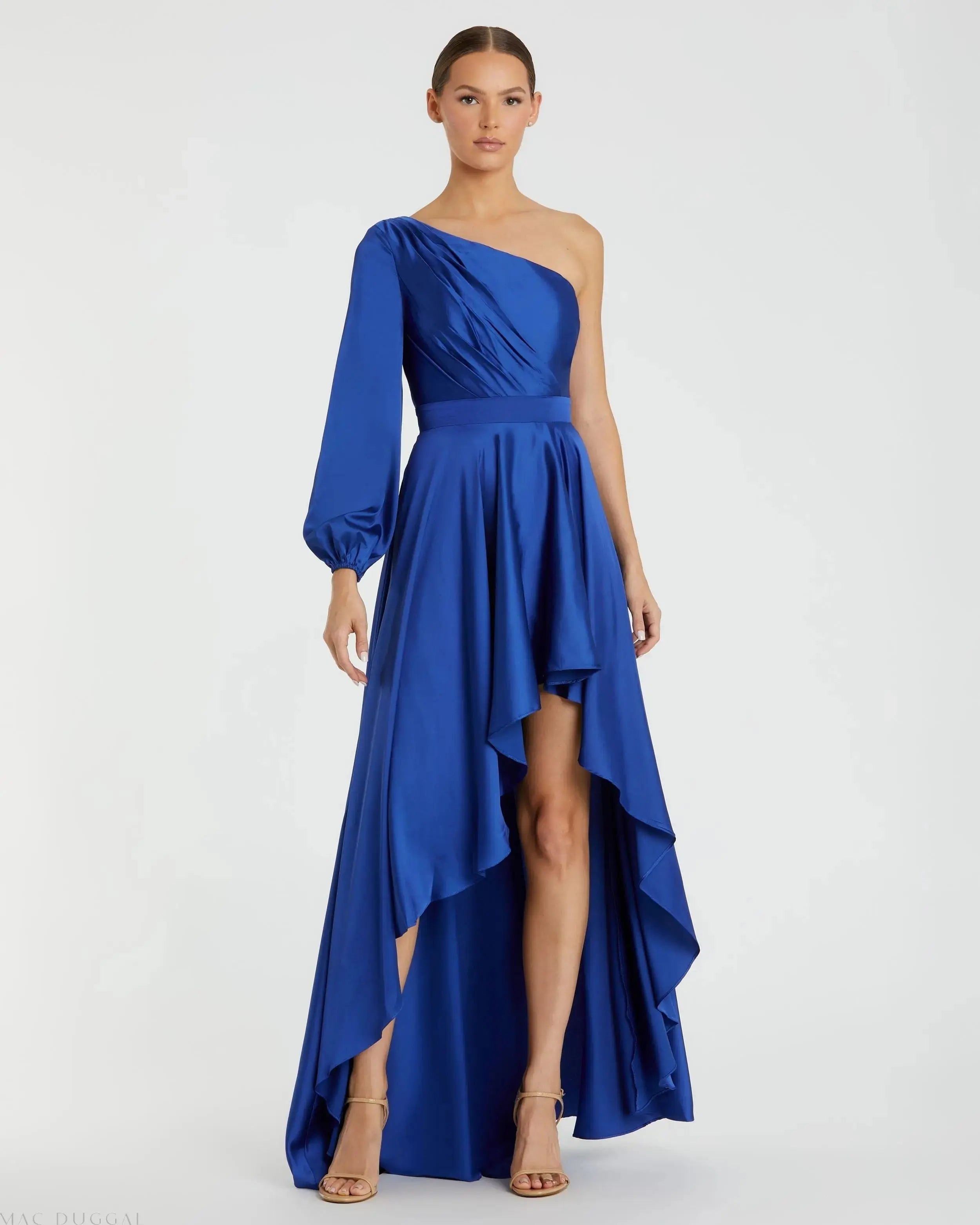 Dark Blue Long Sleeve One Shoulder Satin High Low A-line Gown - FINAL SALE
