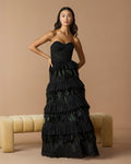 Black Strapless Sweetheart Lace Tiered Feather Ball Gown
