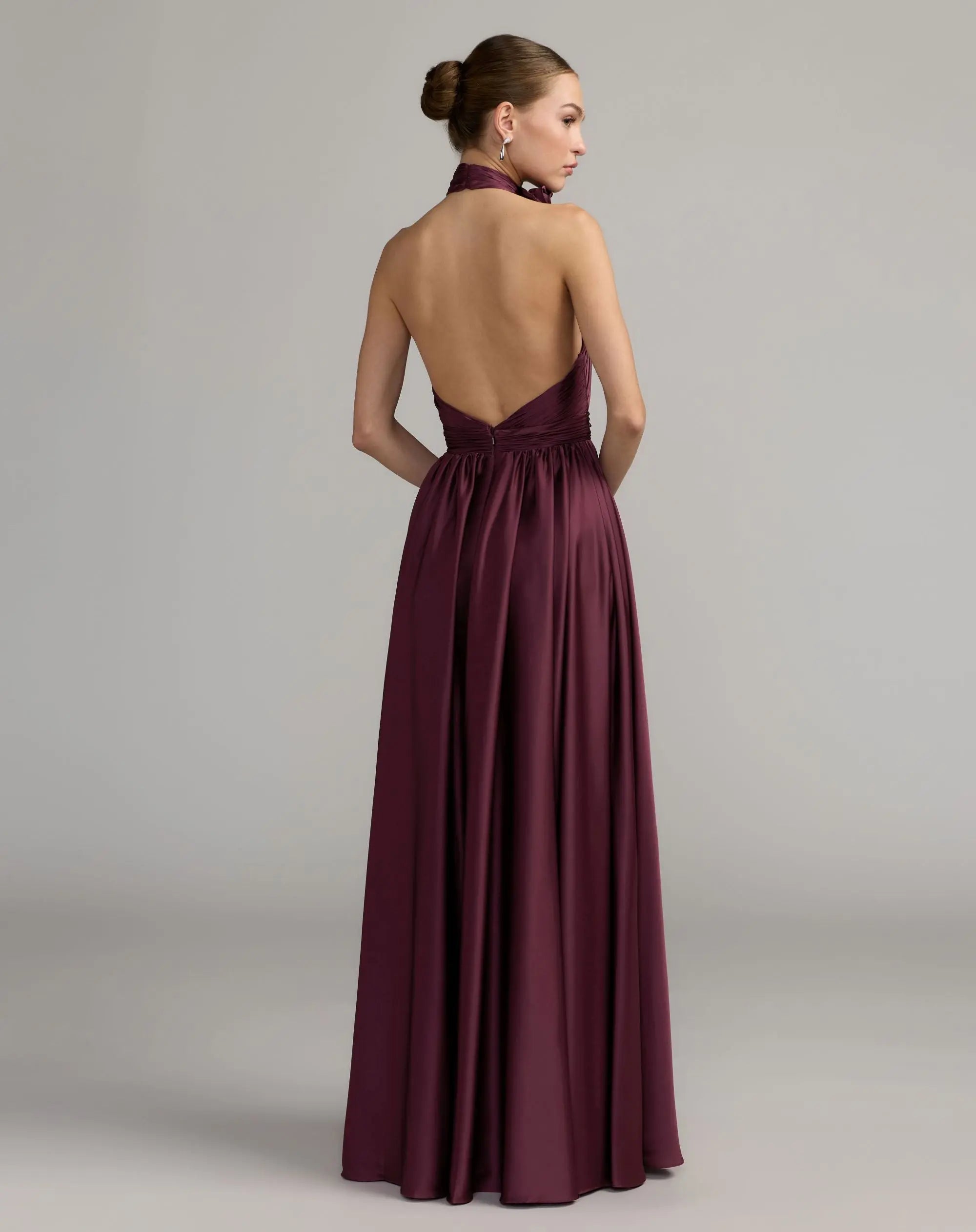 Purple Halter Neck Open Back Satin Gown With Slit
