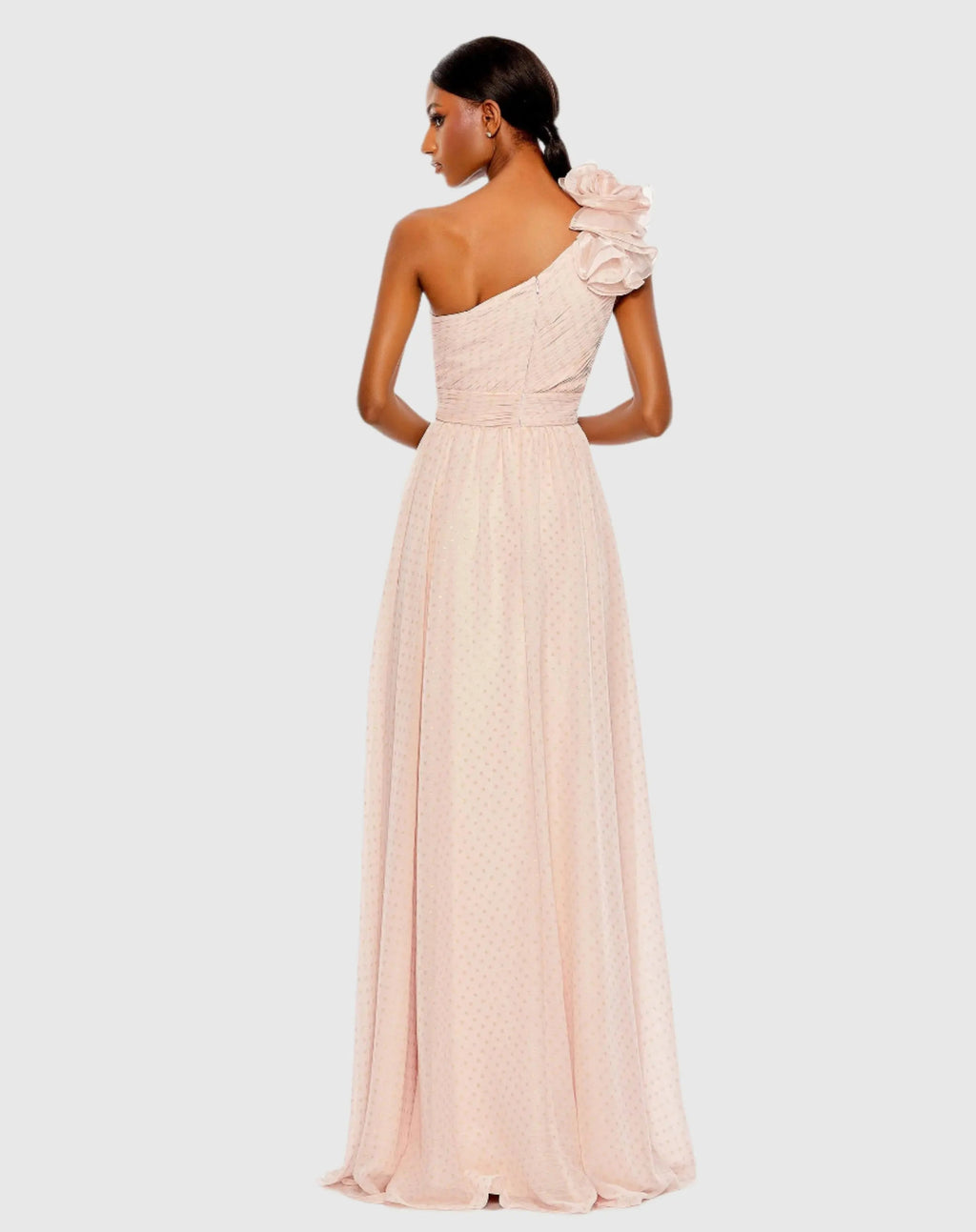 Pink One Shoulder Polka Dot Chiffon Gown With Ruffle Detail