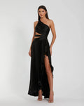 Black One Shoulder Pleated Charmeuse Gown with Slit