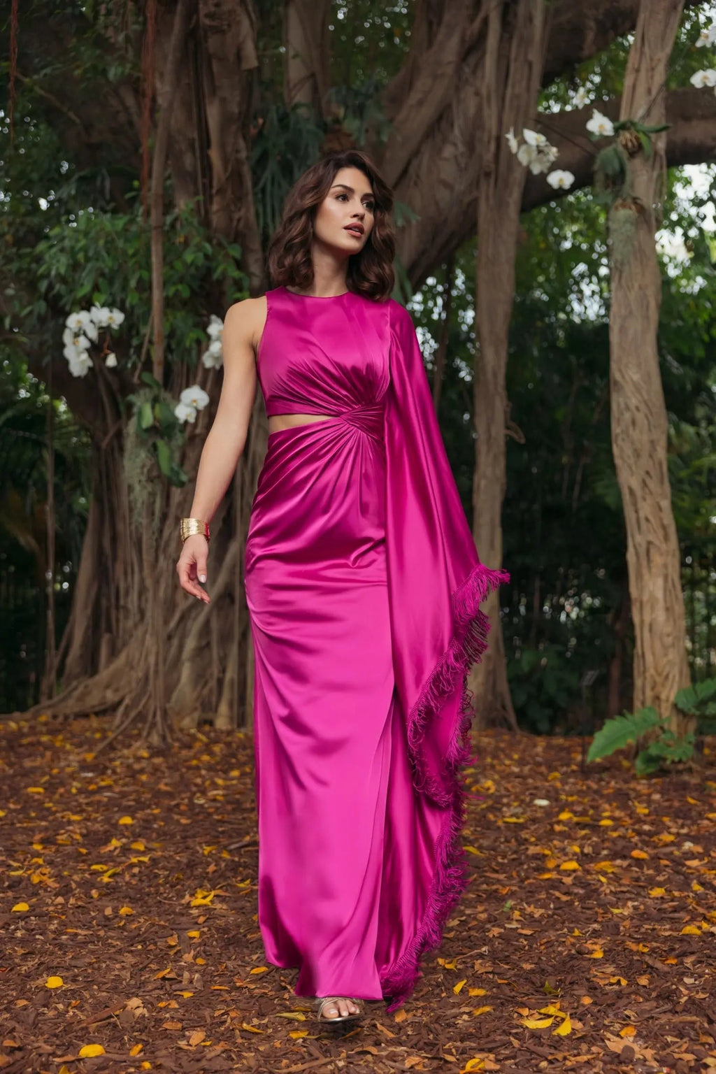 Purple Charmeuse Kaftan Sleeve Gown With Fringe Detail