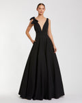 Black Sleeveless Plunge Neck Ball Gown With Bow Detail