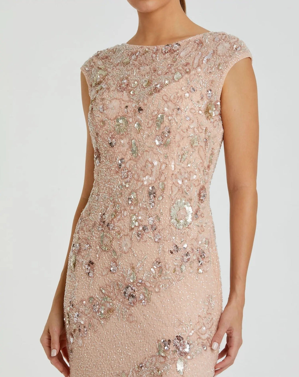 Pink Floral Embellished Cap Sleeve Column Gown
