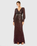 Red Sequined Wrap Over Bishop Sleeve Gown