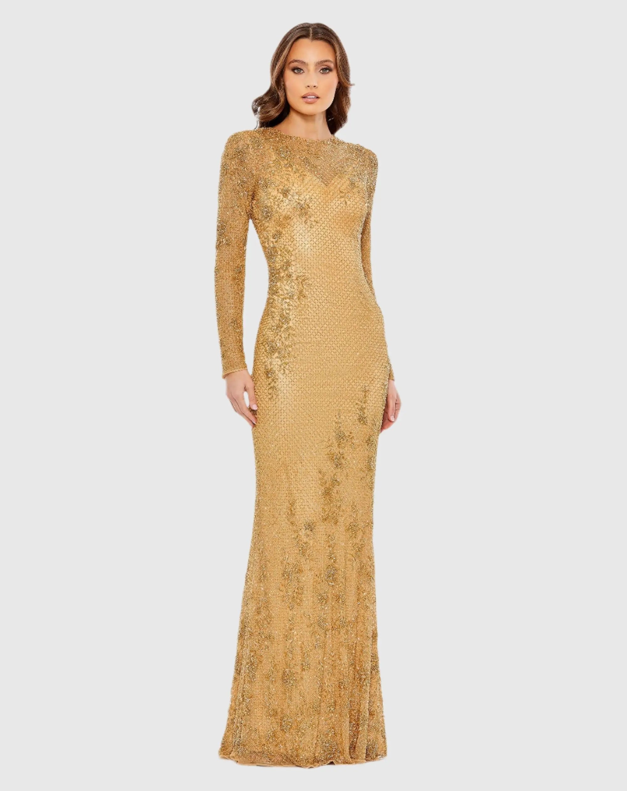 Gold  Long Sleeve Beaded Evening Gown