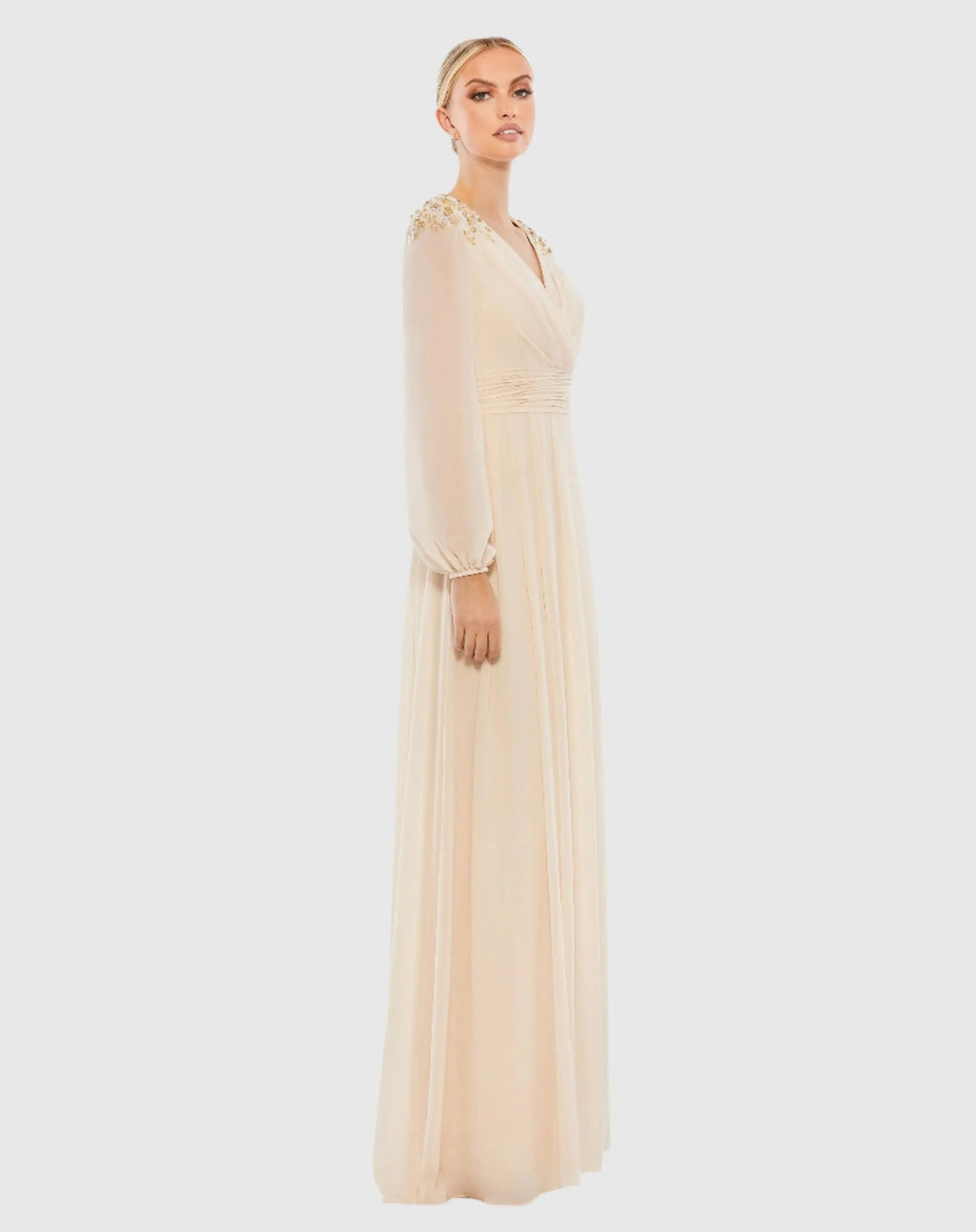 Beige Embellished Shoulder Blouson Sleeve Evening Gown