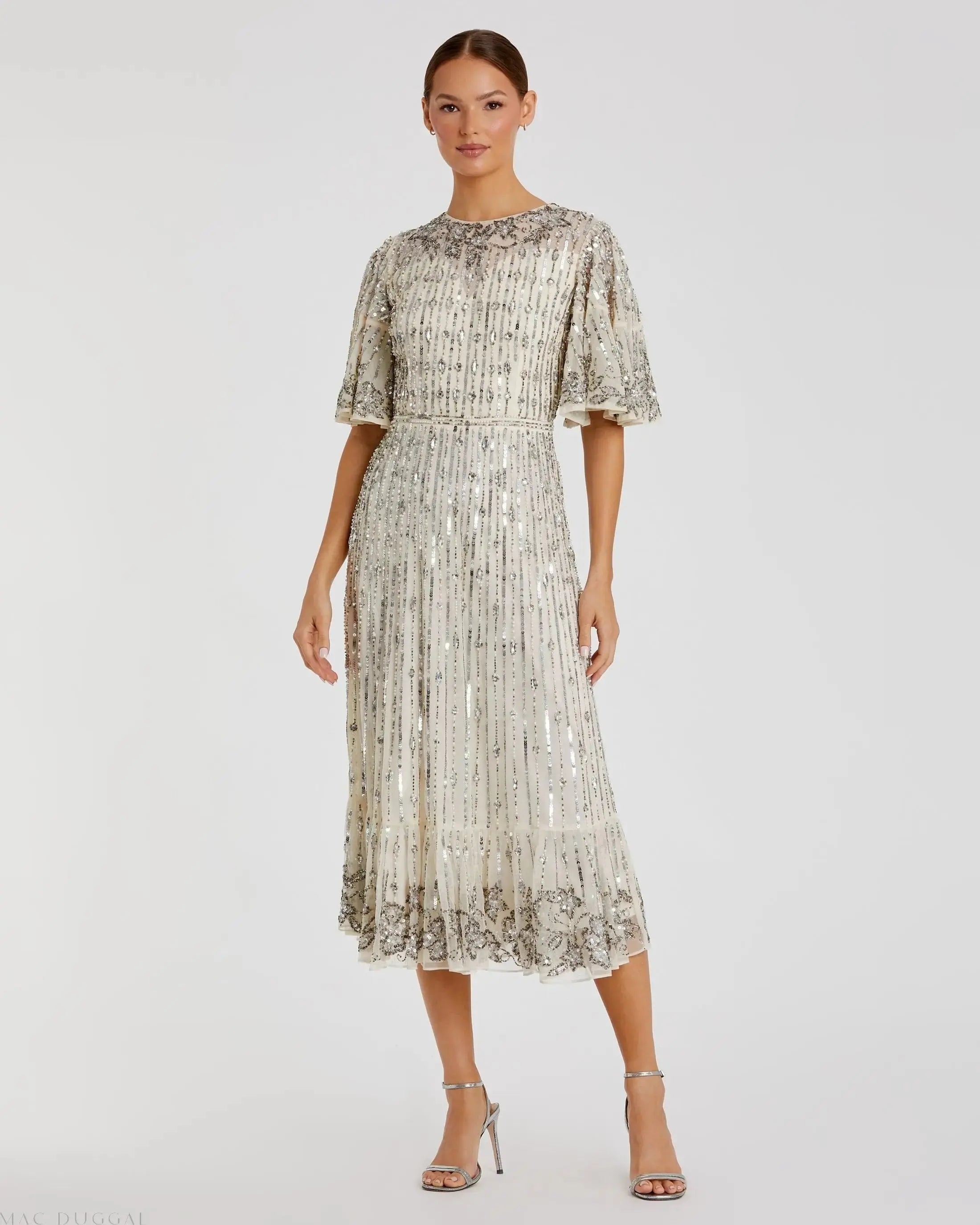 Silver Flounce Sleeve Midi Dress - FINAL SALE