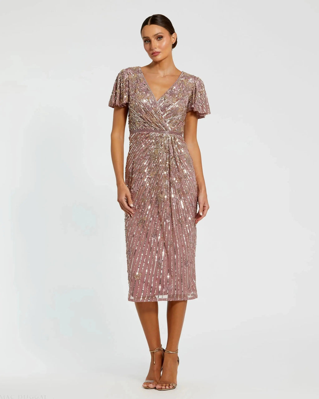 Purple Embellished Faux Wrap Flutter Sleeve Dress