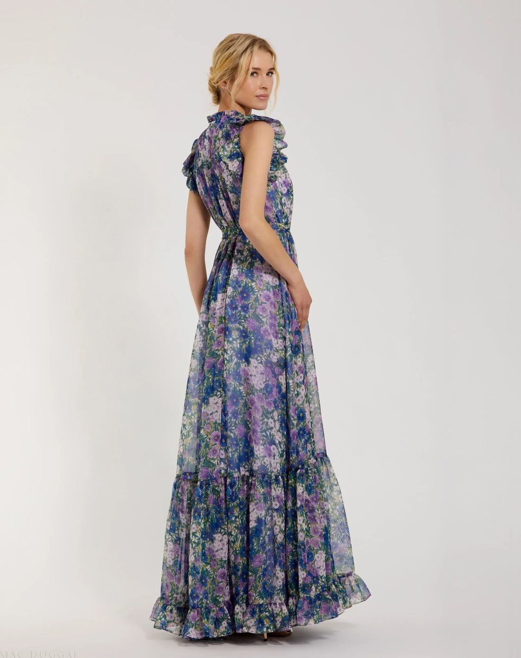 Purple Floral Chiffon Cap Sleeve Gown