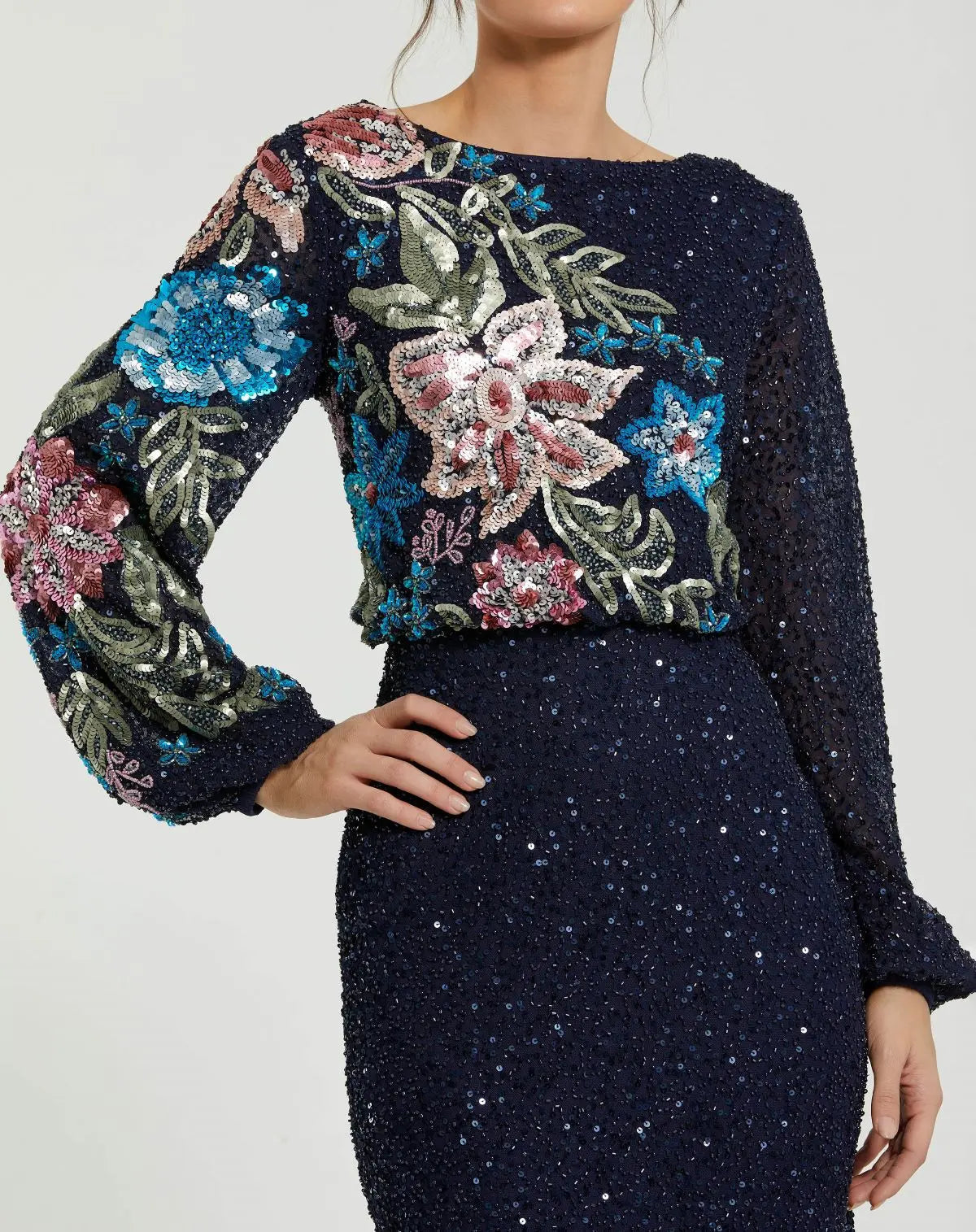 Navy High Neck Long Sleeve Sequin Gown