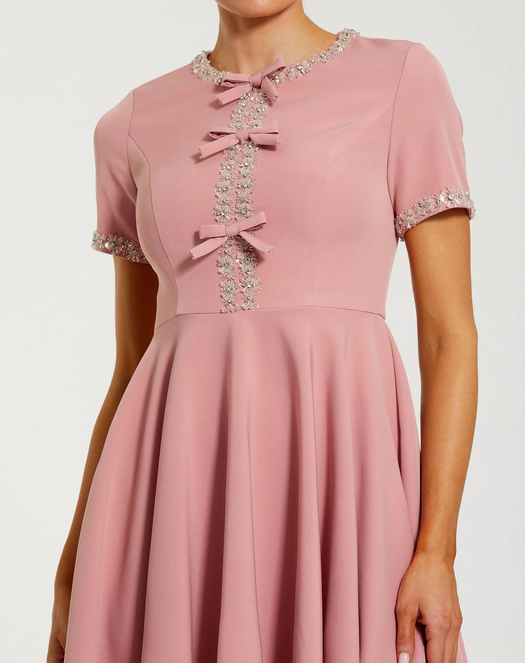 Pink Crepe A Line Mini Dress With Rhinestone Beading
