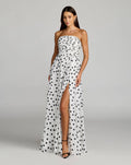 White Polka Dot Strapless Viscose Gown With Slit