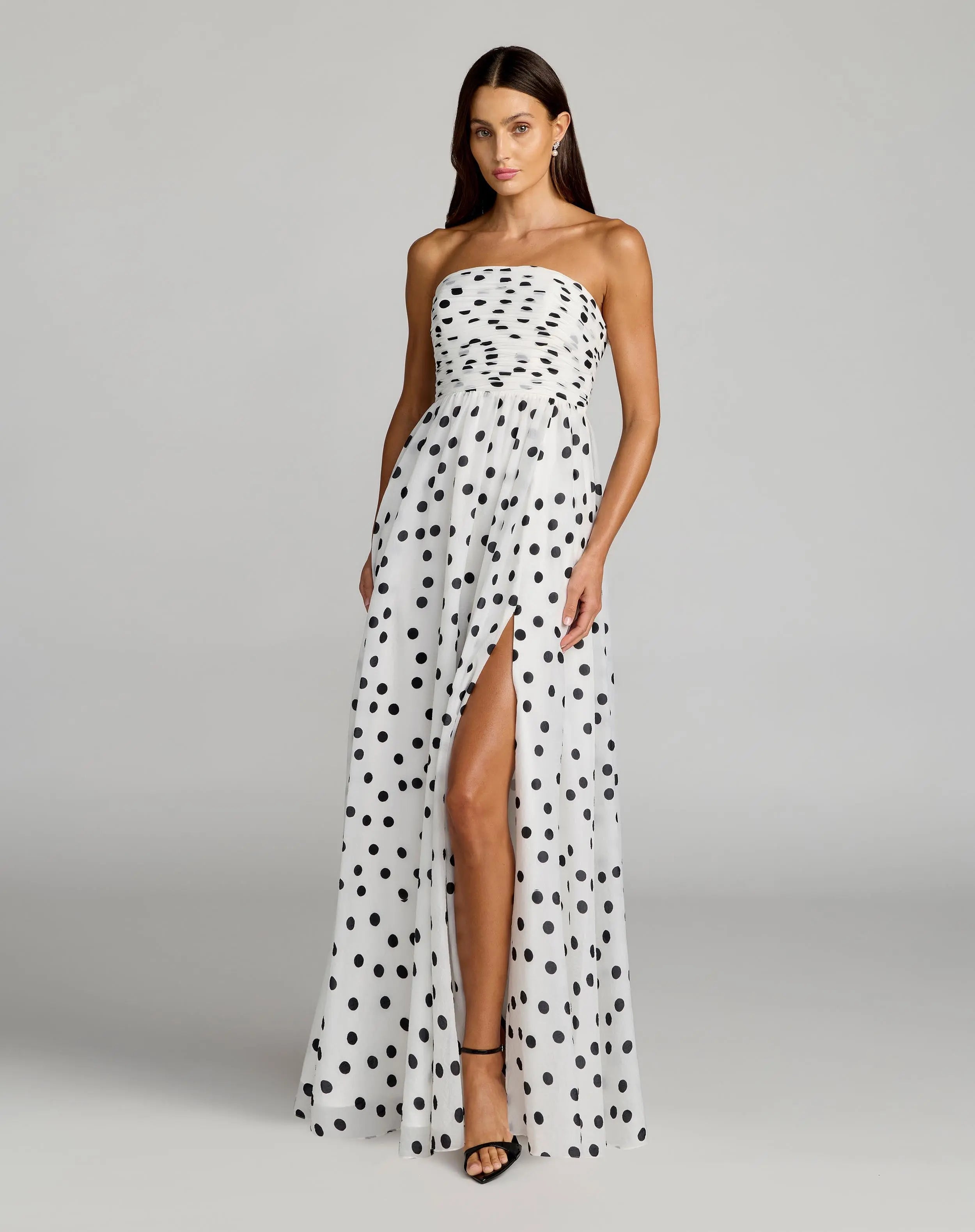White Polka Dot Strapless Viscose Gown With Slit