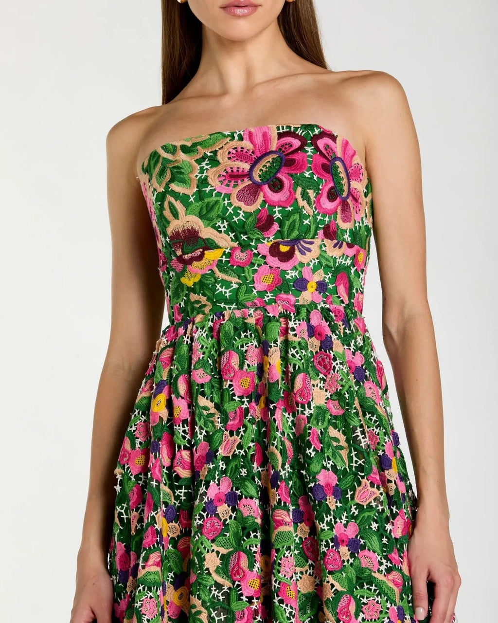 Green Strapless Floral Embroidered Midi Dress