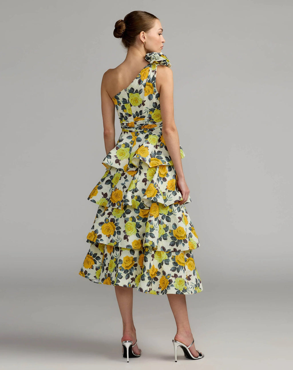 Yellow One Shoulder Floral Tiered Midi Dress