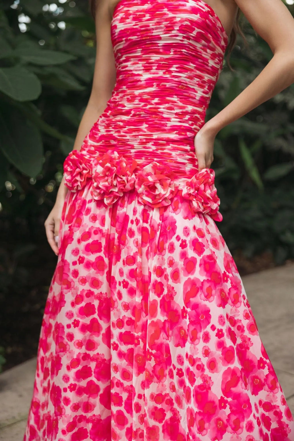 Pink Strapless Chiffon Ball Gown With 3D Flowers