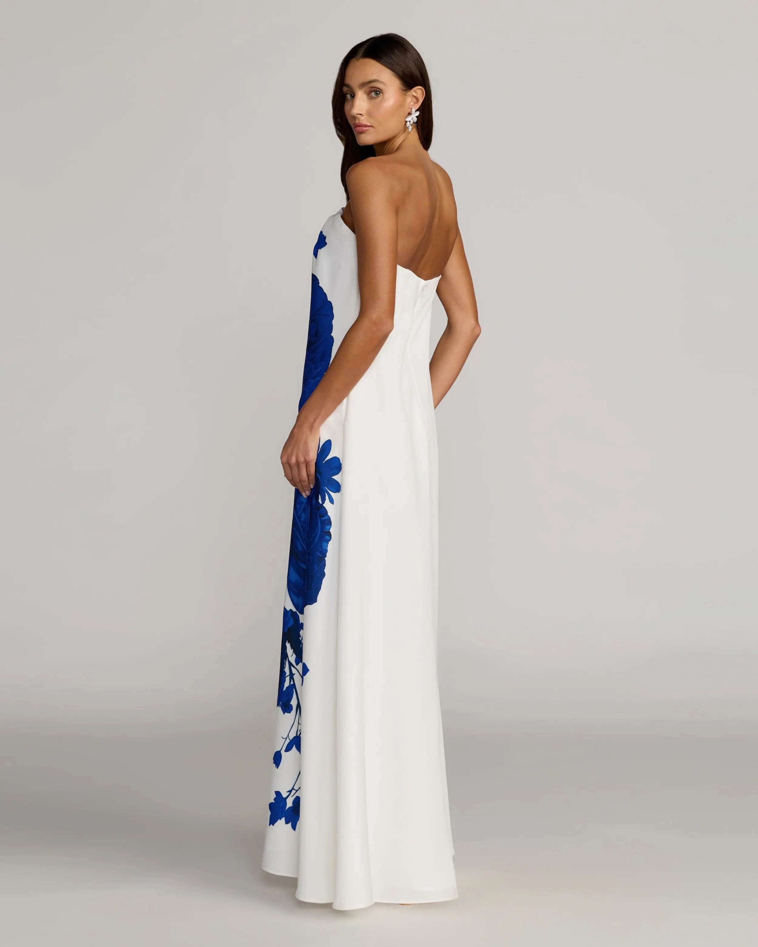 White Floral Printed Strapless Crepe Trapeze Gown