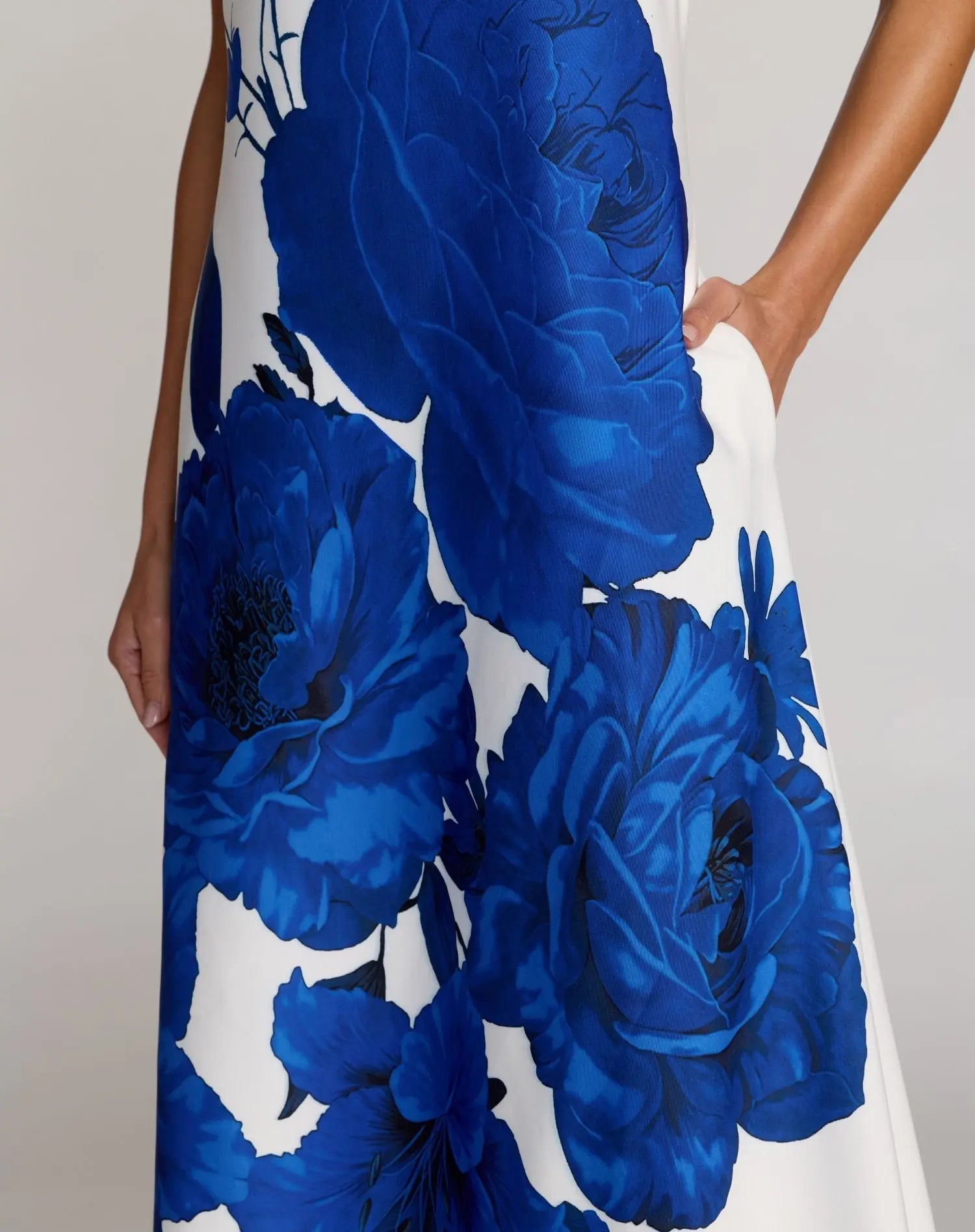 White Floral Printed Strapless Crepe Trapeze Gown