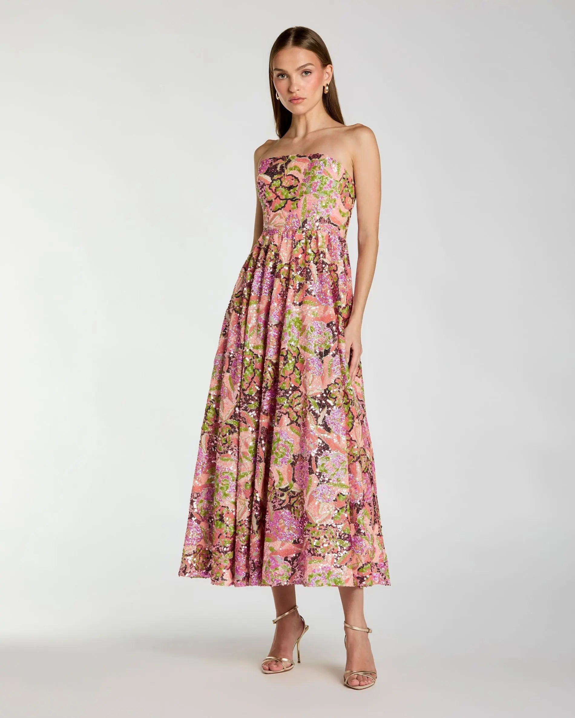 Multicolor Strapless Sequin Floral Midi Dress
