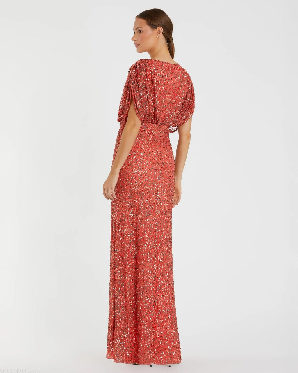 Red Sequin Draped Sleeve V-Neck Gown