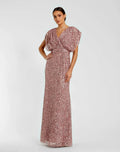 Purple Sequin Draped Sleeve V-Neck Gown