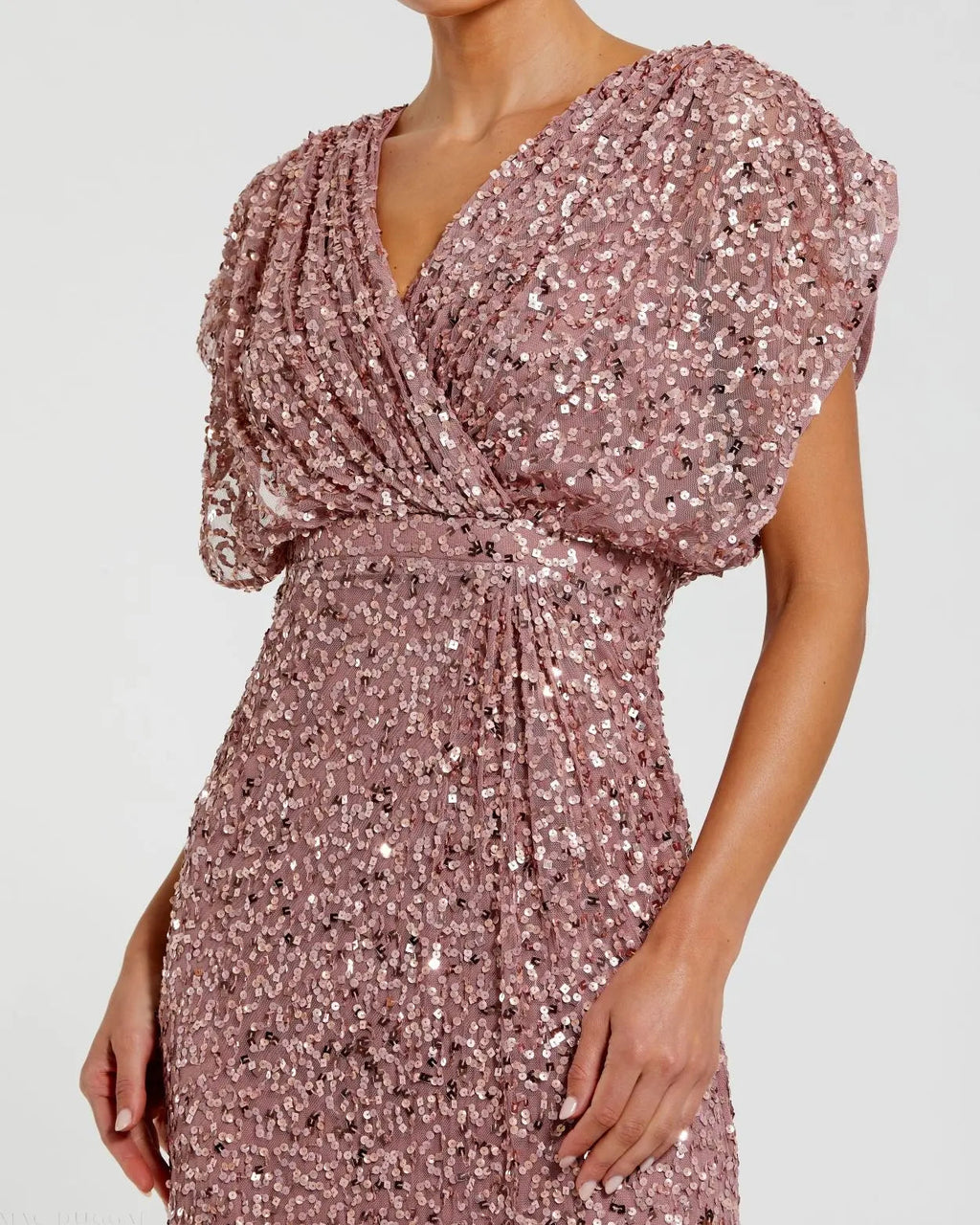 Purple Sequin Draped Sleeve V-Neck Gown