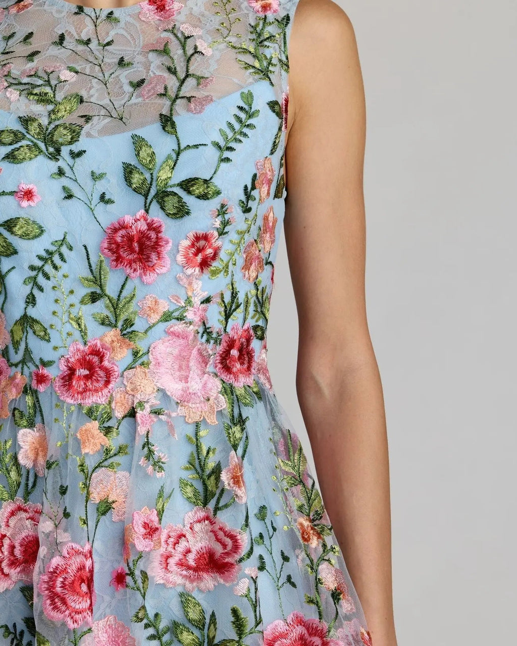 Blue Floral Embroidered Sleeveless A-Line Mini Dress