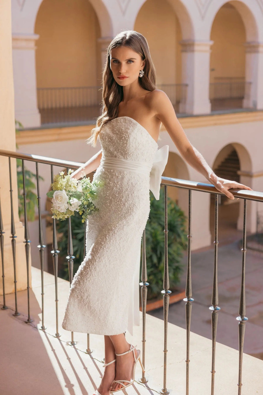Ivory Strapless Beaded Bow Back Midi Dress