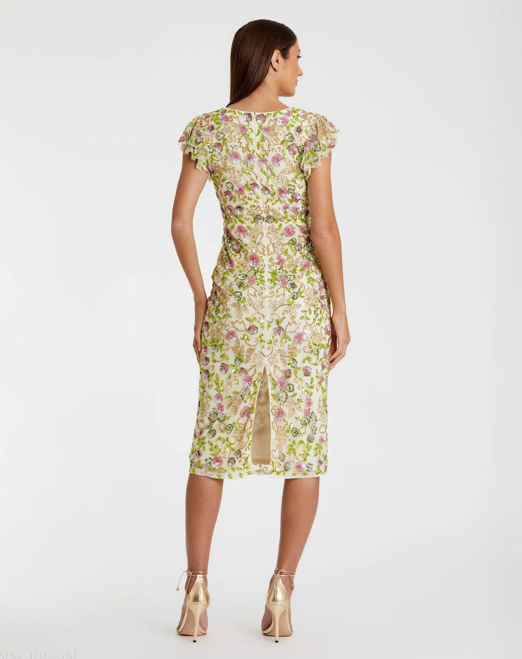 Beige Floral Embellished Flutter Cap Sleeve Dress
