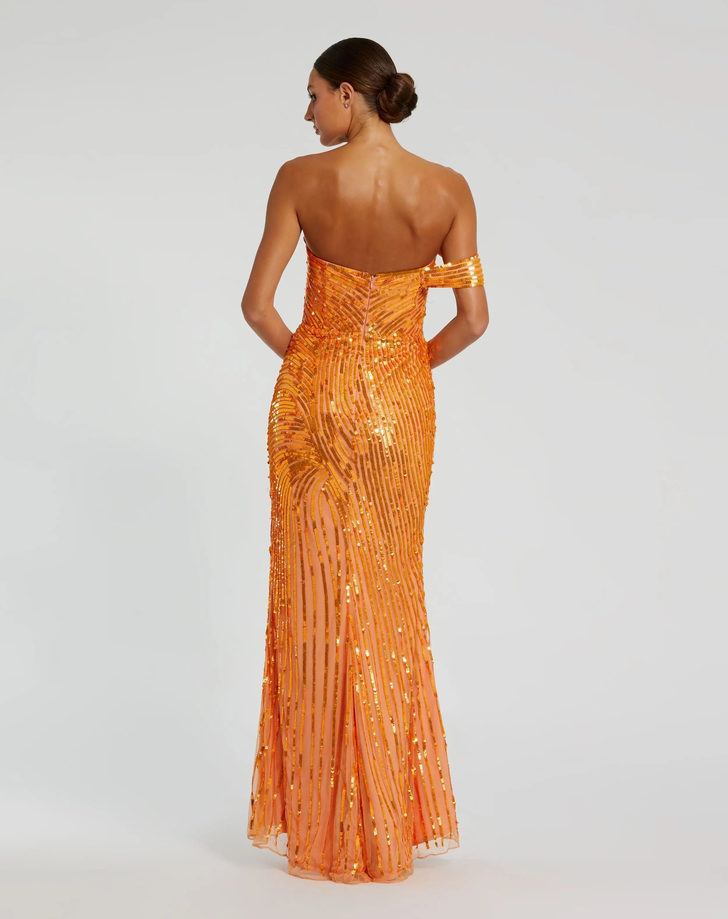 Orange One Shoulder Mesh Sequin Gown With Slit