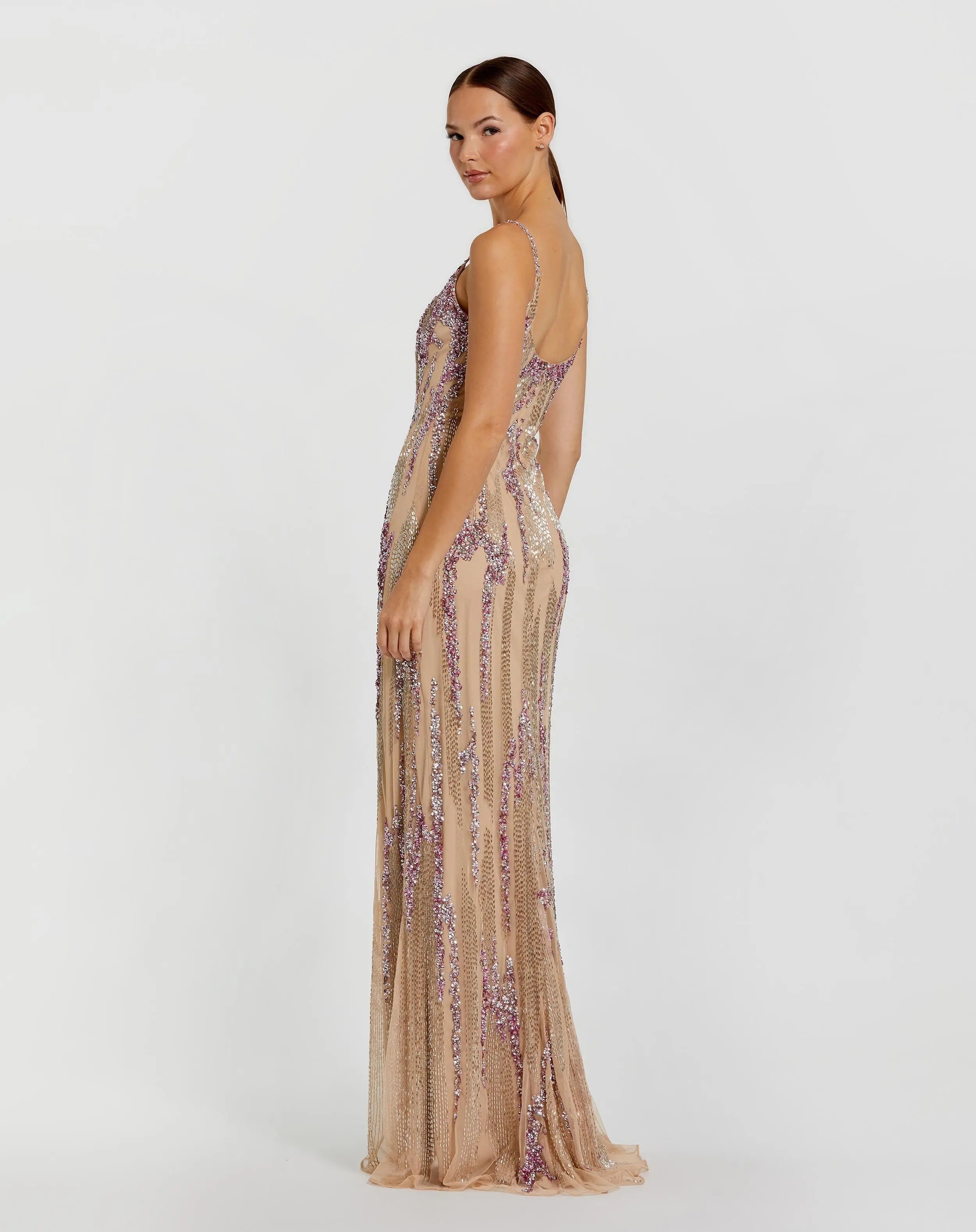 Beige Spaghetti Strap Beaded Column Gown