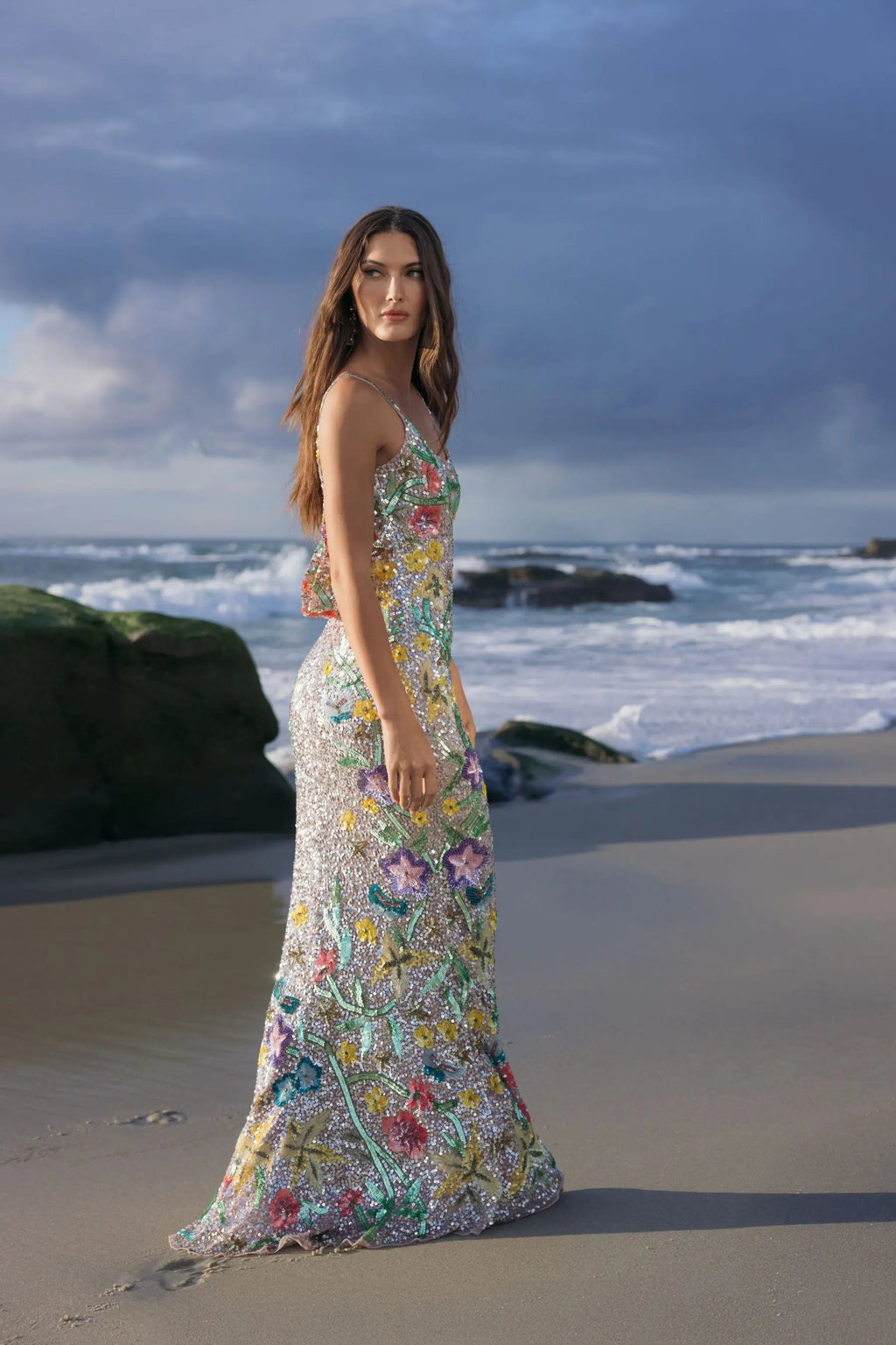 Silver Embellished Sleeveless Cowl Back Gown