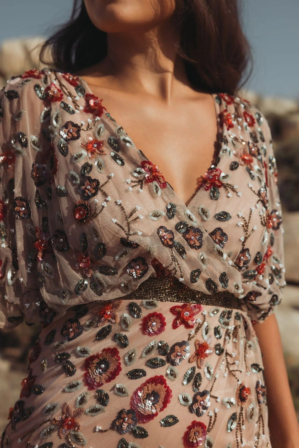 Beige Floral Embellished Short Sleeve Blouson Gown