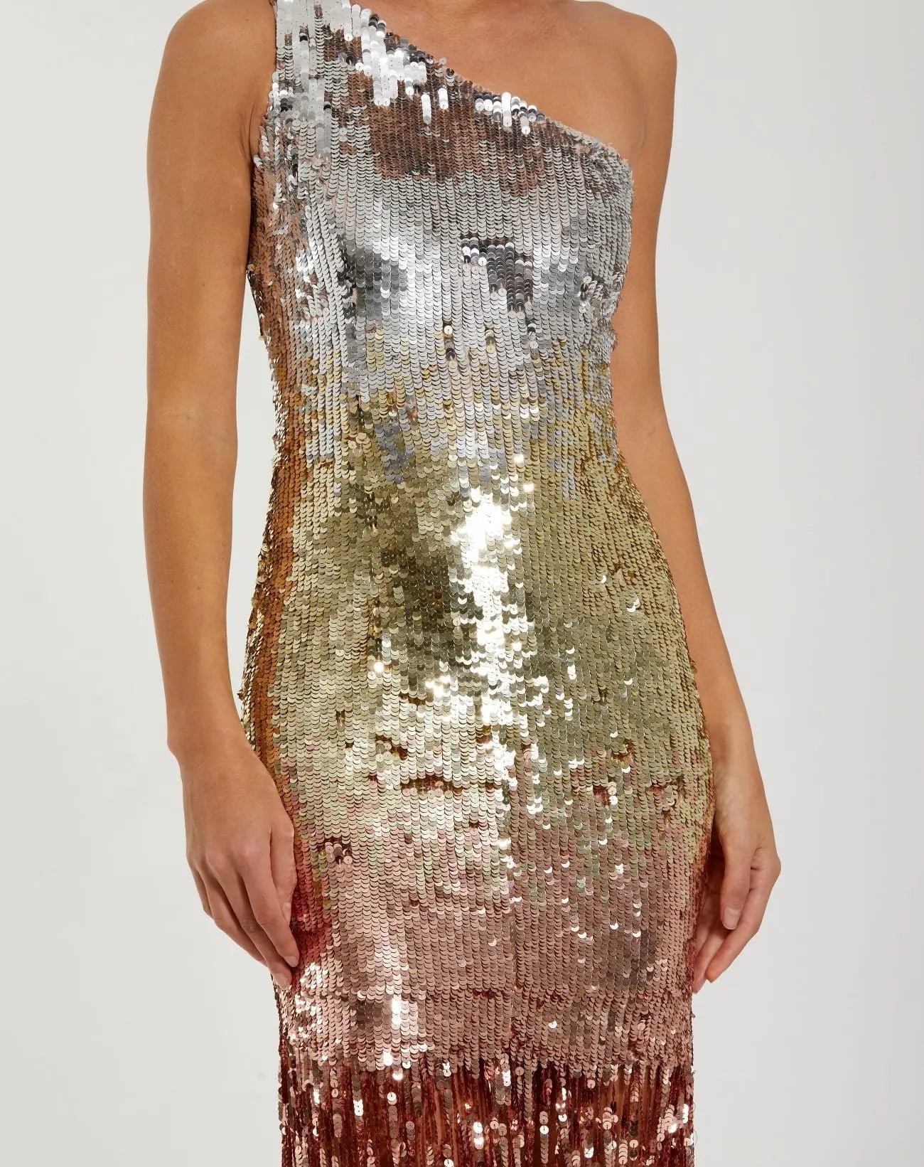Multicolor Metallic Sequin One Shoulder Fringe Dress