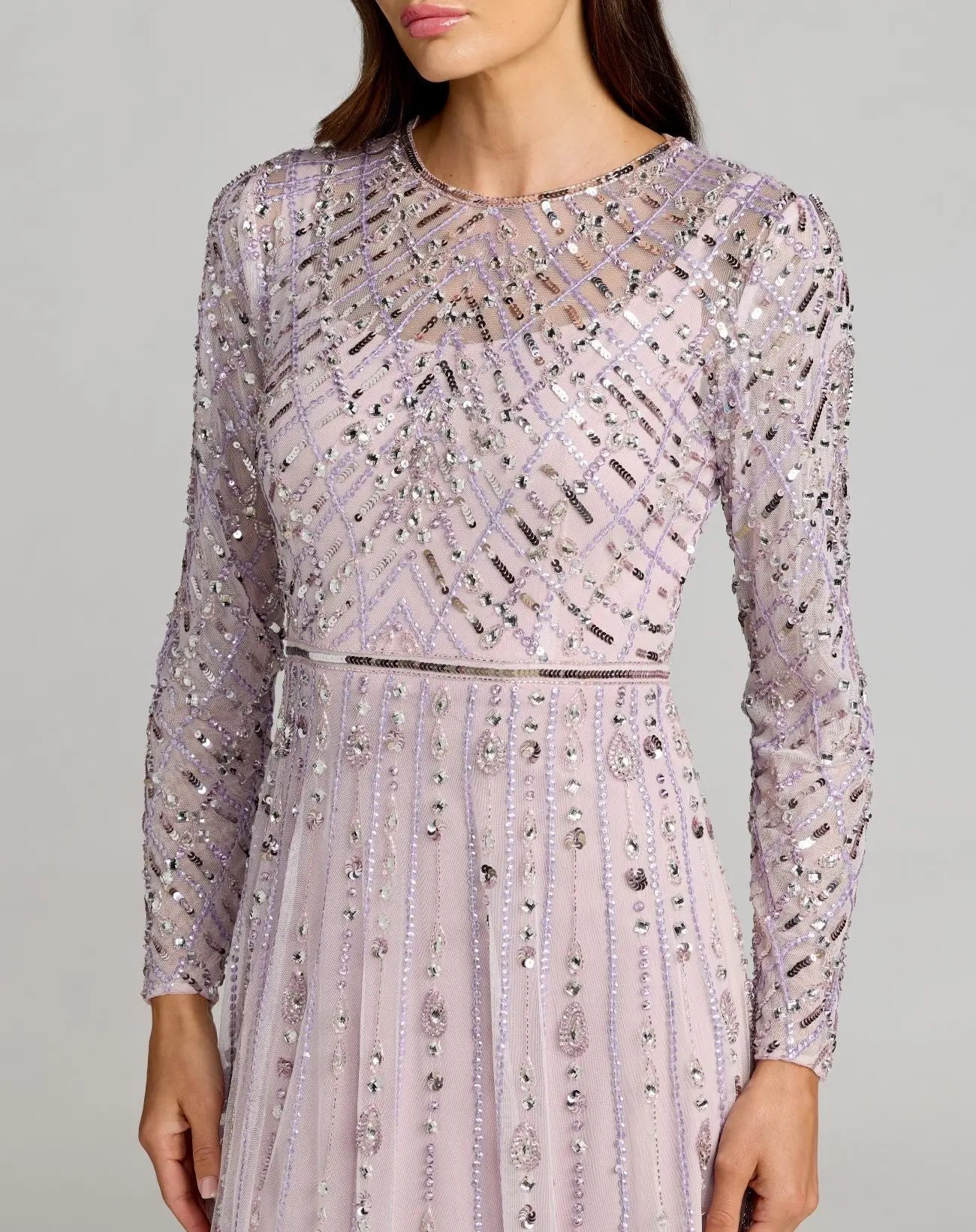 Purple Hand Embellished Long Sleeve A-Line Gown