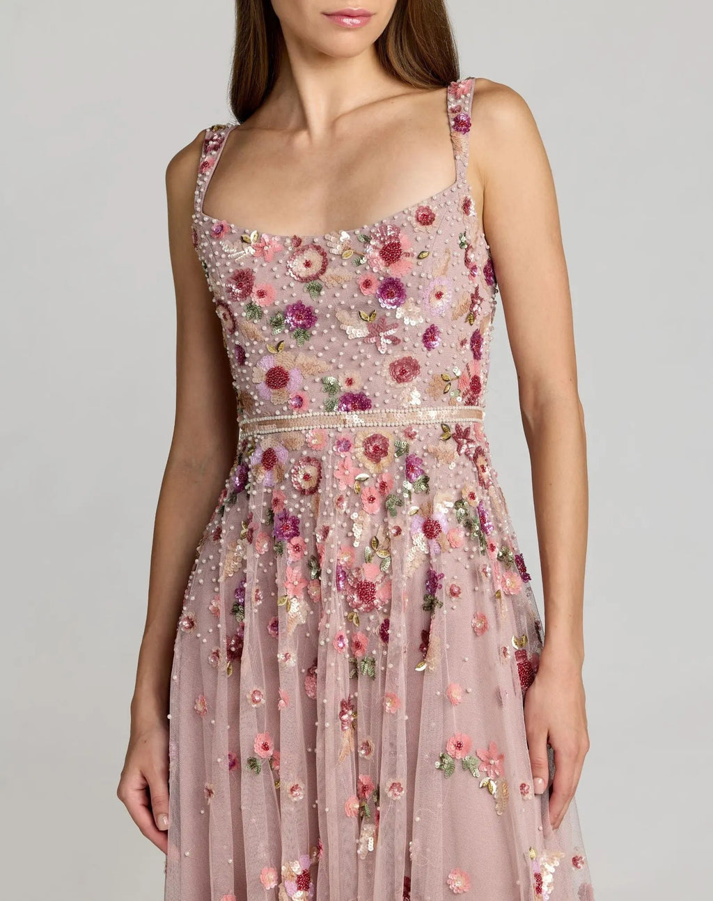 Rose Pink Floral Hand Embellished Scoop Neck Midi Dress