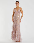 Pink Floral Embellished Sleeveless Plunge Neck Gown