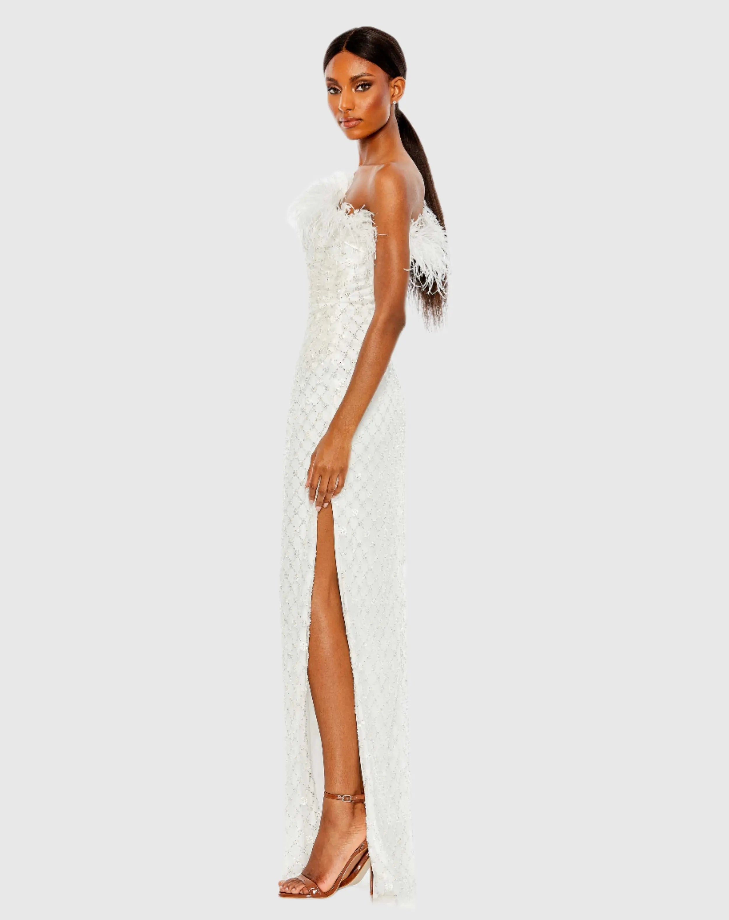 White Embellished One Shoulder Gown w/ Ostrich Feathers - FINAL SALE