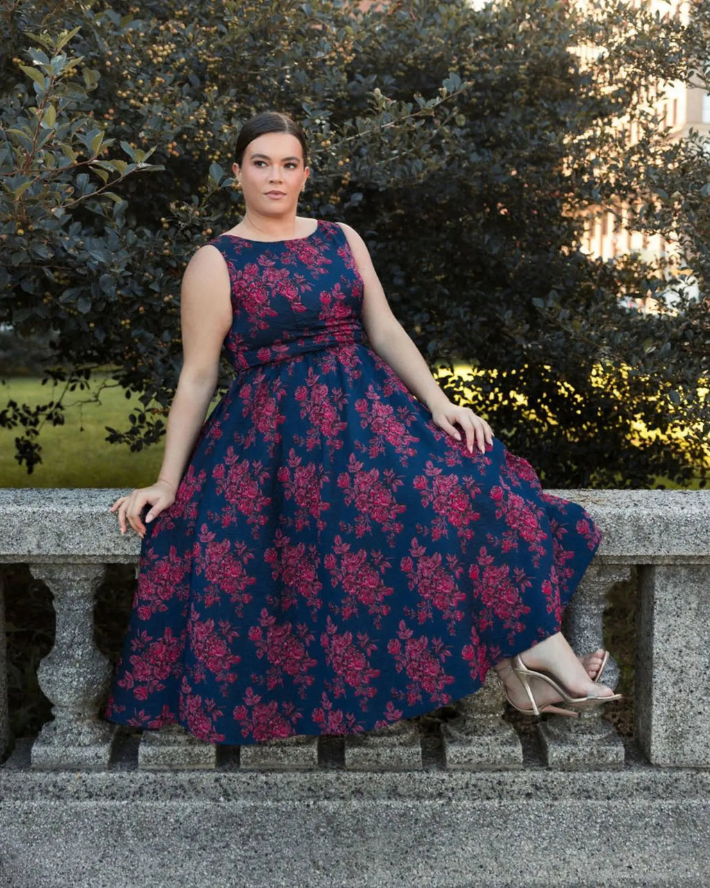 Navy Sleeveless Floral Embroidered Dress (Plus)