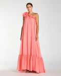 Pink One Shoulder Chiffon Gown With 3D Rosette