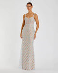 Beige Multicolor Pearl Embellished Bustier Column Gown