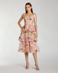 Pink Floral Embroidered Tiered Midi Dress