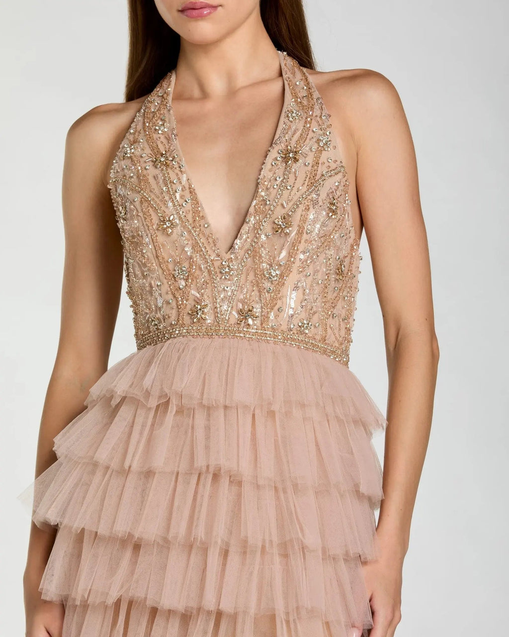 Beige Embellished Halter Neck Tiered Ruffle Gown