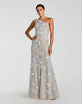 Blue Sleeveless One Shoulder Embellished Lace Gown