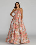 Pink Strapless Floral Brocade Ball Gown With Pockets