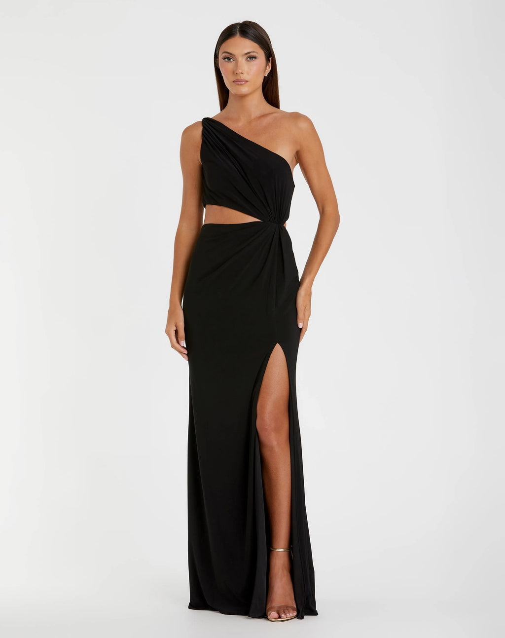 Black One Shoulder Ruched Cut Out Jersey Gown