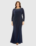 Navy Long Sleeve Embellished Neckline Jersey Gown - FINAL SALE