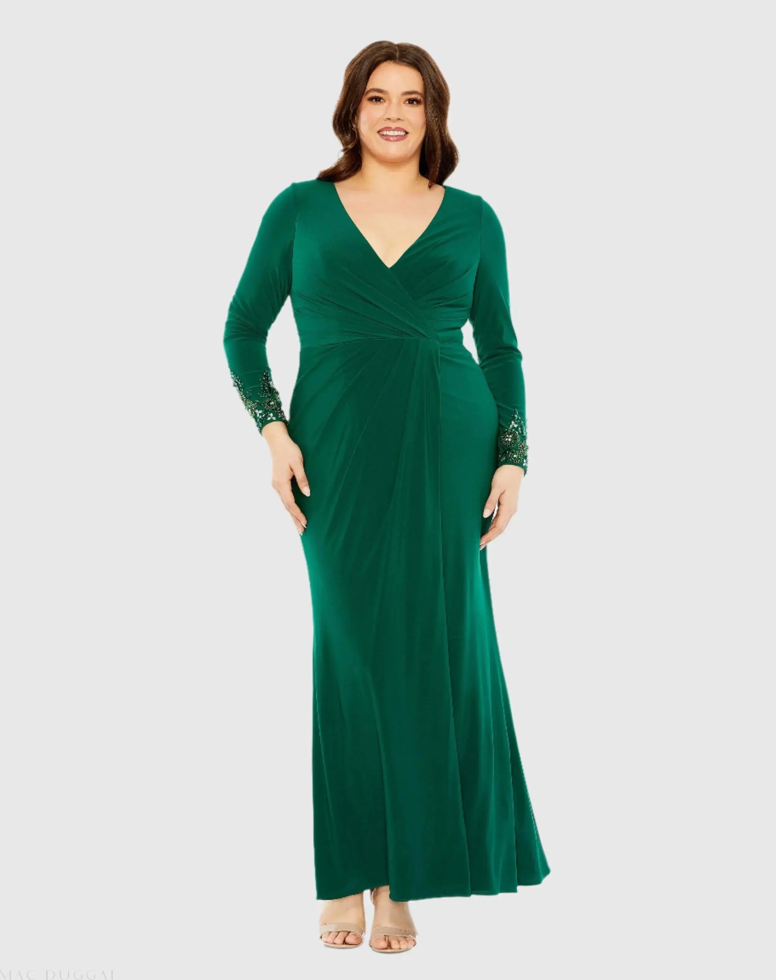 Green Long Crystal Detail Sleeve V Neck Gown - FINAL SALE