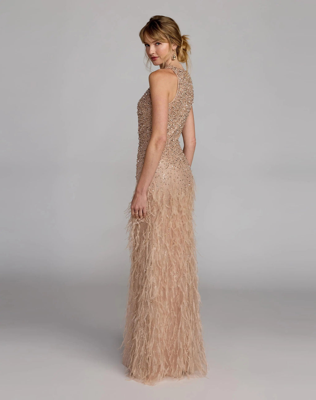 Beige Embellished Lace Sleeveless Feather Gown